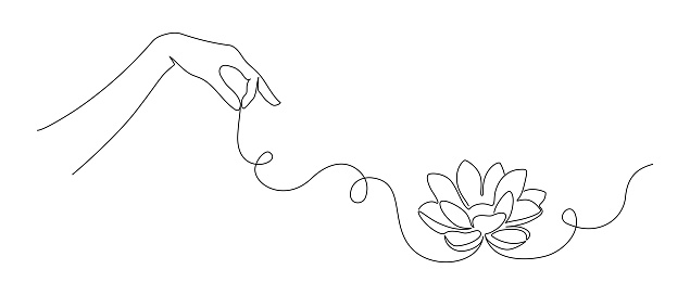 One continuous line drawing of lotus flower with hand. Minimalistic web banner and logo for wellness spa salon in simple linear style. Yoga studio in editable stroke. Doodle vector illustration.