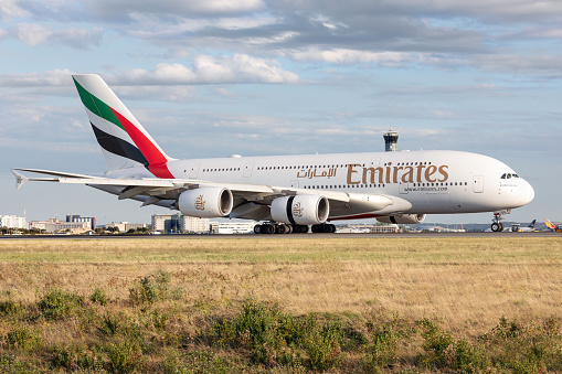 Emirates Airbus A380 arriving at Paris Charles de Gaulles Airport from Dubaï