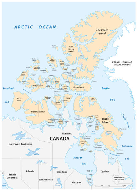 illustrazioni stock, clip art, cartoni animati e icone di tendenza di mappa vettoriale dettagliata dell'arcipelago artico canadese - ellesmere island