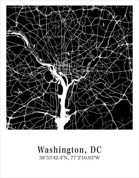 Vector illustration of Washington, DC city map. Travel poster vector illustration with coordinates. Washington, DC, District of Columbia, The United States of America Map in dark mode.