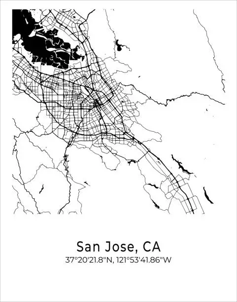 Vector illustration of San Jose city map. Travel poster vector illustration with coordinates. San Jose, California, The United States of America Map in light mode.