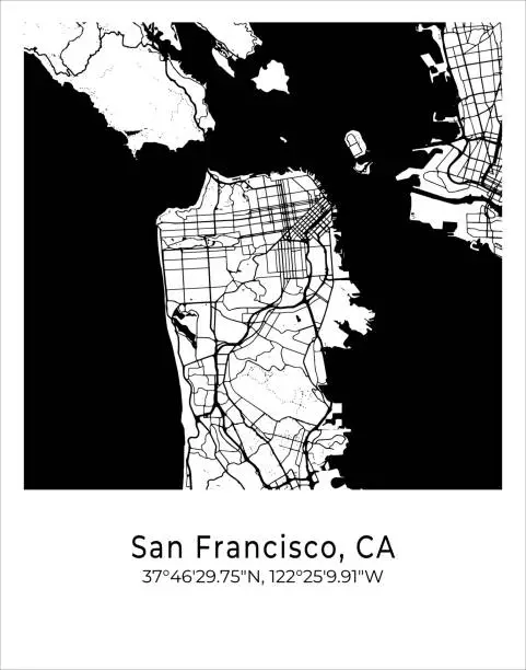 Vector illustration of San Francisco city map. Travel poster vector illustration with coordinates. San Francisco, California, The United States of America Map in light mode.