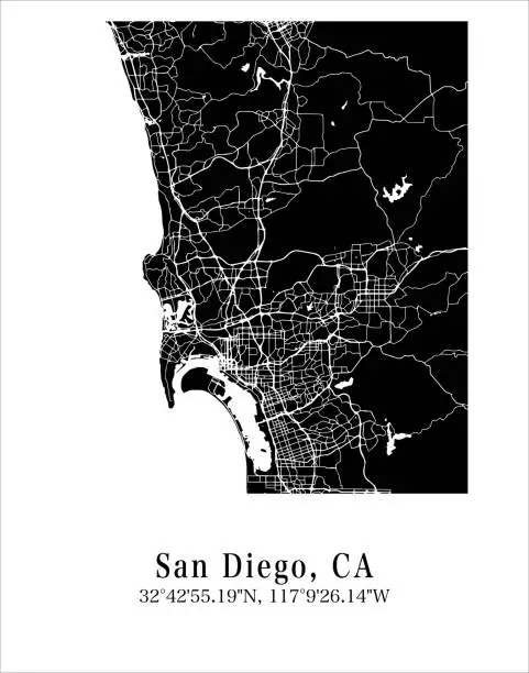 Vector illustration of San Diego city map. Travel poster vector illustration with coordinates. San Diego, California, The United States of America Map in dark mode.