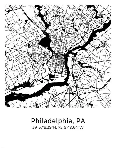Vector illustration of Philadelphia city map. Travel poster vector illustration with coordinates. Philadelphia, Pennsylvania, The United States of America Map in light mode.