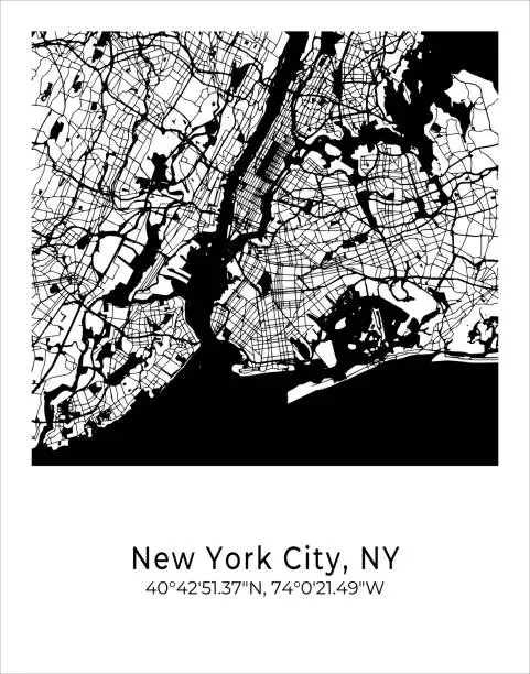 Vector illustration of New-York city map. Travel poster vector illustration with coordinates. New-York, Manhattan, The United States Map