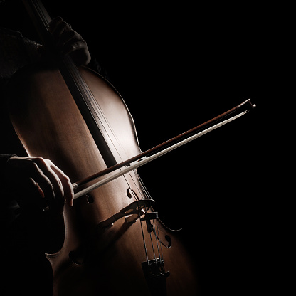 Cello player cellist hands playing violoncello. Musical instrument closeup isolated on black