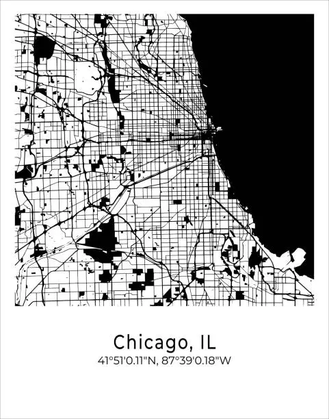 Vector illustration of Chicago city map. Travel poster vector illustration with coordinates. Chicago, Illinois, The United States of America Map in light mode.