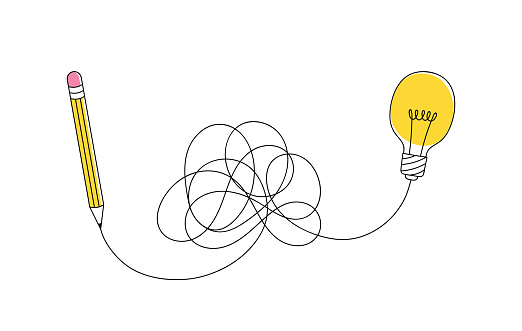 Way to idea concept. Pencil and light bulb connected by a tangled line. From pencil to idea find. Concept of brainstorm, thinking, idea search, question, solution. Vector illustration.