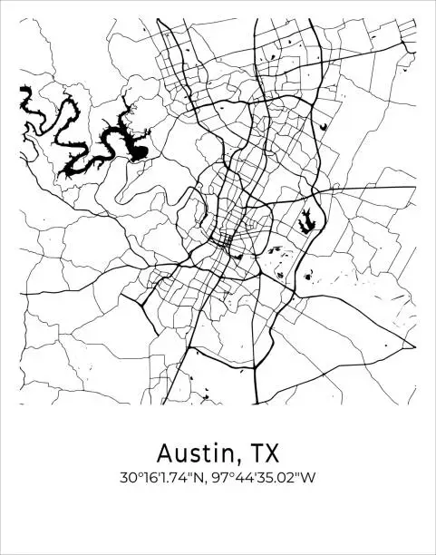 Vector illustration of Austin city map. Travel poster vector illustration with coordinates. Austin, Texas, The United States of America Map in light mode.