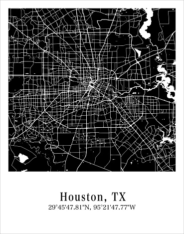 Houston city map. Travel poster vector illustration with coordinates. Houston, Texas, The United States of America Map in dark mode.