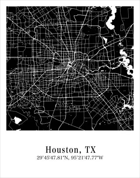Vector illustration of Houston city map. Travel poster vector illustration with coordinates. Houston, Texas, The United States of America Map in dark mode.