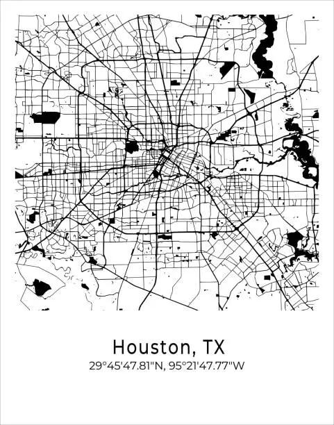 Vector illustration of Houston city map. Travel poster vector illustration with coordinates. Houston, Texas, The United States of America Map in light mode.