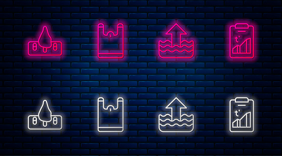 Set line Plastic bag, Rise in water level, Deforestation and Global warming. Glowing neon icon on brick wall. Vector.
