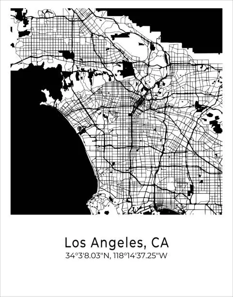 Vector illustration of Los Angeles city map. Travel poster vector illustration with coordinates. Los Angeles, California, The United States of America Map in light mode.