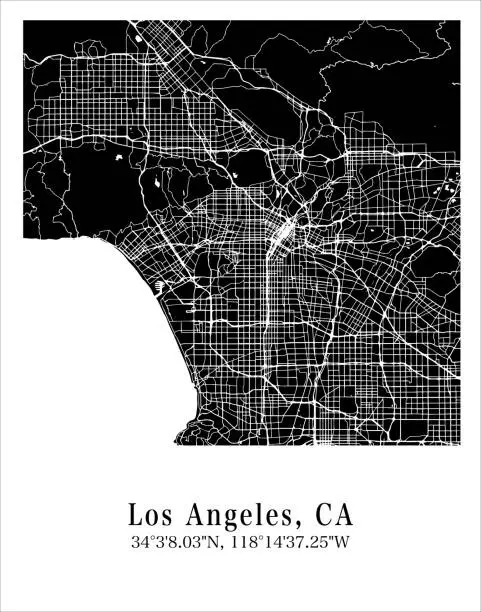 Vector illustration of Los Angeles city map. Travel poster vector illustration with coordinates. Los Angeles, California, The United States of America Map in dark mode.