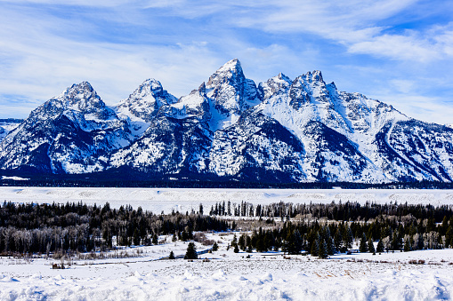 A View of Schwabacher Landing and the Teton Range in Winter in Grand Teton National Park, Wyoming.