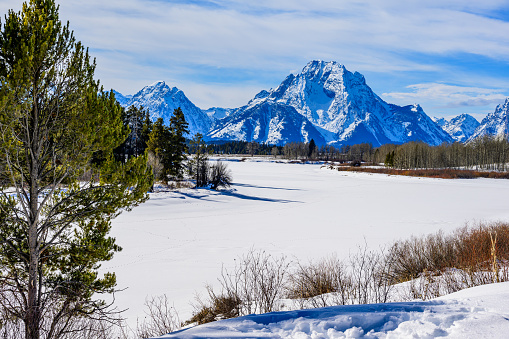 Mr Moran and Jackson Lake Frozen Over in Grand Teton National Park, Wyoming.