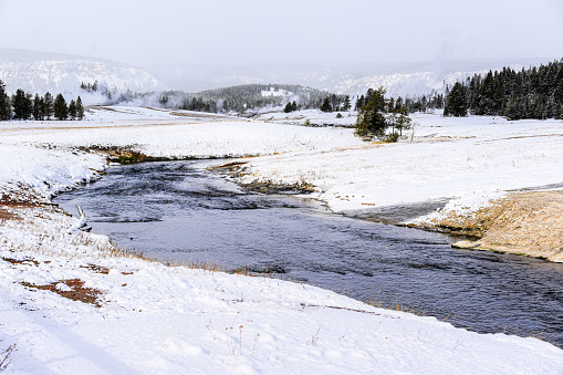 Firehole River in Winter in Yellowstone National Park, Wyoming.