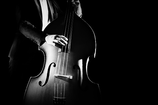 Double bass player playing pizzicato. Contrabass musical instrument. Classical musician