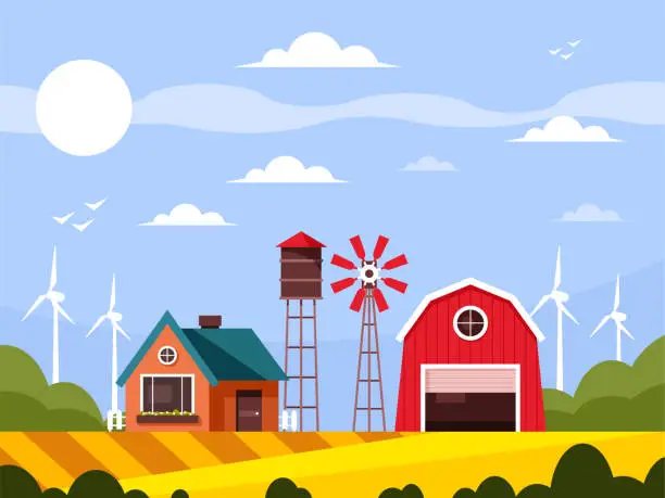 Vector illustration of Cottage and farm buildings