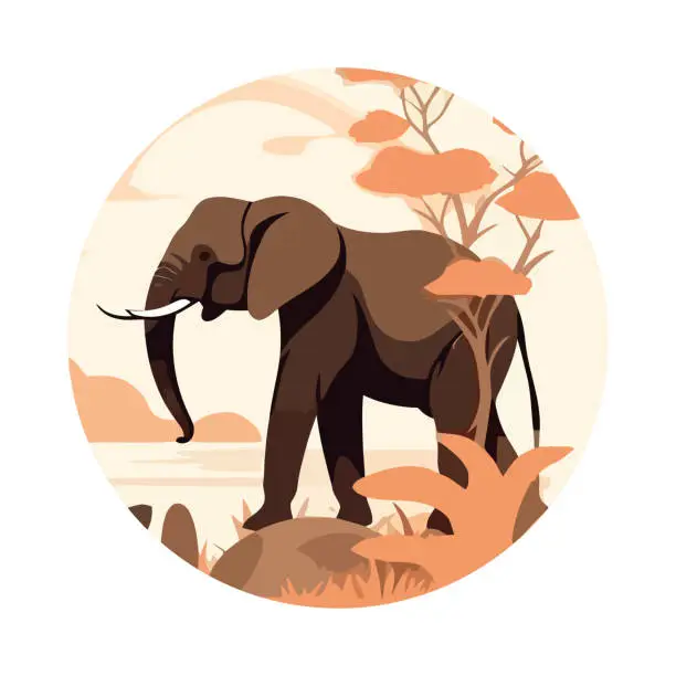 Vector illustration of Cute elephant walking in African savannah plain