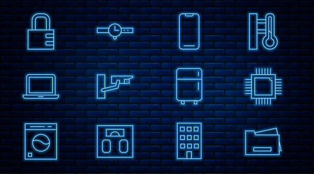Set line Printer, Processor with microcircuits CPU, Smartphone, Security camera, Laptop, Safe combination lock, Refrigerator and Wrist watch icon. Vector Set line Printer Processor with microcircuits CPU Smartphone Security camera Laptop Safe combination lock Refrigerator and Wrist watch icon. Vector. seafood processor stock illustrations