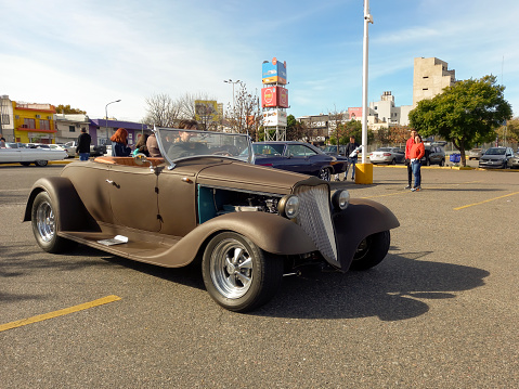 Buenos Aires, Argentina - Dec 10, 2023: Old 1930s customized roadster at a classic car show in a parking lot. Sunny day.