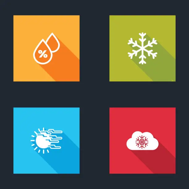 Vector illustration of Set Water drop percentage, Snowflake, Fog and sun and Cloud with snow icon. Vector