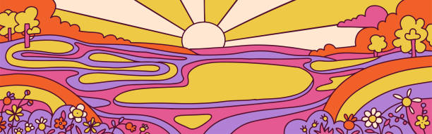 Retro psychedelic groovy landscape. Vintage hippie background. Contour hand drawn vector illustration