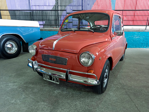 Avellaneda, Argentina - Apr 3, 2022: Old Fiat 600 sedan two door rear engined unibody late 1960s at a classic car show.