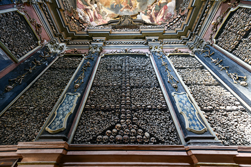 Milan, Italy - Aug 4, 2022: San Bernardino alle Ossa is a church in Milan on Piazza S. Stefano square, known for its ossuary, decorated with human skulls and bones