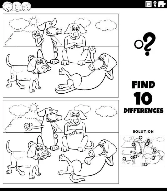 Vector illustration of differences game with cartoon dogs characters coloring page