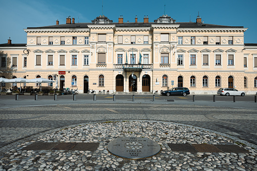 Nova Gorica Railway Station Facade and Square with Memorable Sign on Border Between Slovenia and Italy