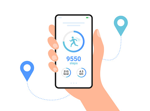 Step counter fitness tracker app design. Walk flat health fit activity vector smart phone watch step counter