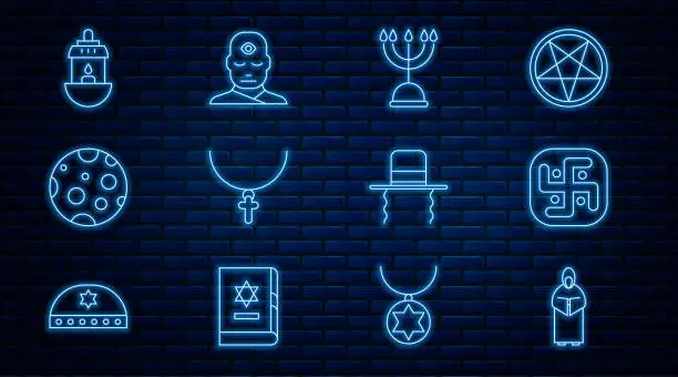 Vector illustration of Set line Monk, Jainism, Hanukkah menorah, Christian cross chain, Moon, Ramadan Kareem lantern, Orthodox jewish hat with sidelocks and Man third eye icon. Vector