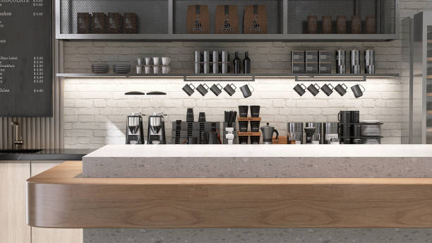 istock White terrazzo and wooden table counter in luxury, modern white brick wall cafe with grinder, cups on cabinet in background 2011651247