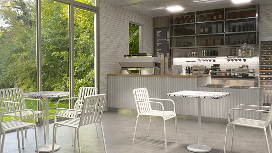 White table and chairs in modern loft, white brick wall cafe and bakery shop with counter, professional espresso machine, cake display fridge, window to backyard for coffee shop, bistro interior 3D