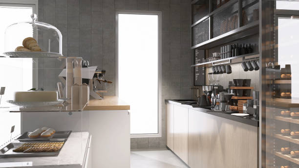 istock Bakery and cake display with bread, wooden countertop counter with espresso machine, brown cabinet in sunlight from window 2011657434