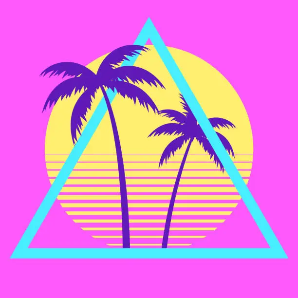 Vector illustration of Sunset beach california retro icon. 90s Palm retro california circle gradient silhouette vintage 80s disco print hawai vacation.