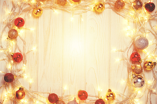 white wooden plank with Christmas decorations. Christmas and New Year concept