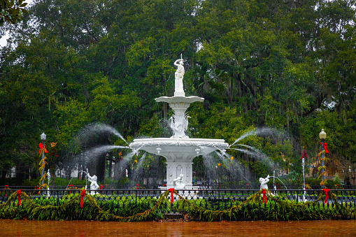 Beautiful vintage fountain at Forsyth Park in Savannah Georgia local attraction