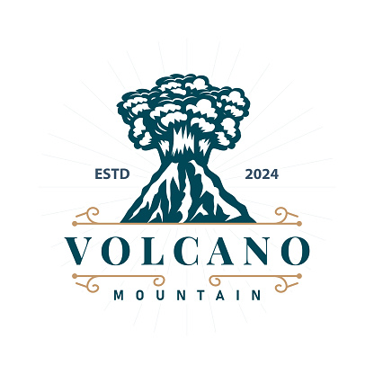 Volcano logo illustration silhouette design volcano mountain erupting with simple rocks and lava