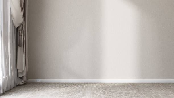istock Gray white wallpaper wall empty room in sunlight from curtain drape window, blackout, sheer curtain on beige carpet floor 2011790483