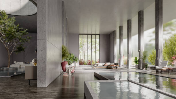istock Modern luxurious concrete living room with pool 2011803564