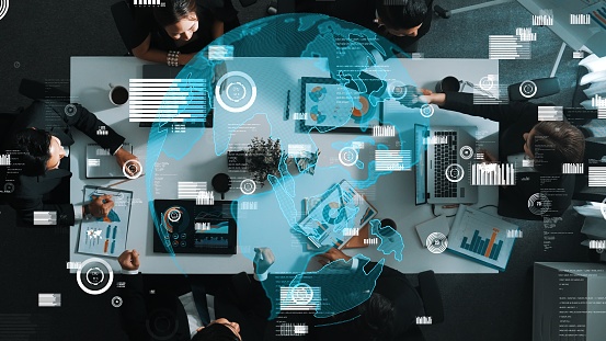 Top down aerial view of skilled business team listening manager present global networking system while giving a high five to encourage or motivate team. Hologram of internet connection. Directorate.