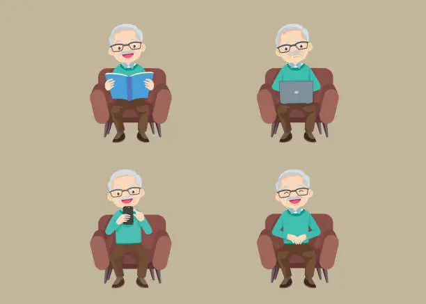 Vector illustration of old age pensioner, lonely grandparant. Elderly different views