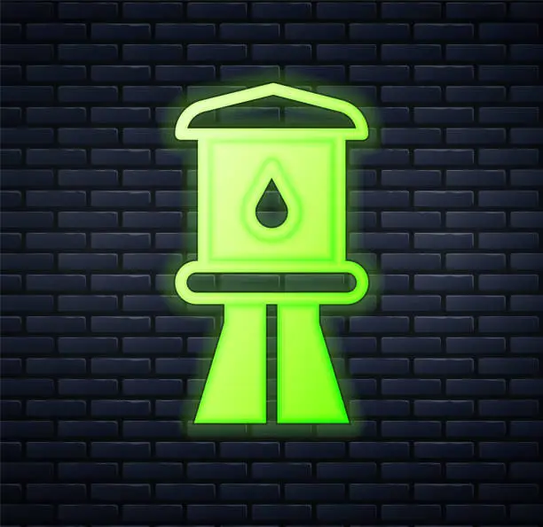 Vector illustration of Glowing neon Water tower icon isolated on brick wall background. Vector