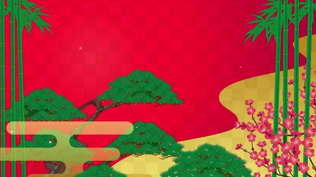 Illustration video of pine, bamboo, plum, haze, and red background