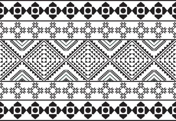 Vector illustration of Tribal traditional fabric batik ethnic. ikat seamless pattern geometric repeating. Embroidery, wallpaper, wrapping, fashion, carpet, clothing. Black and white