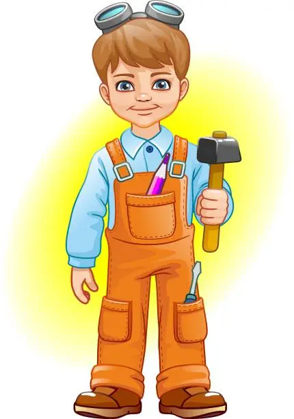 Vector illustration of Cartoon cheerful builder boy with a hammer.